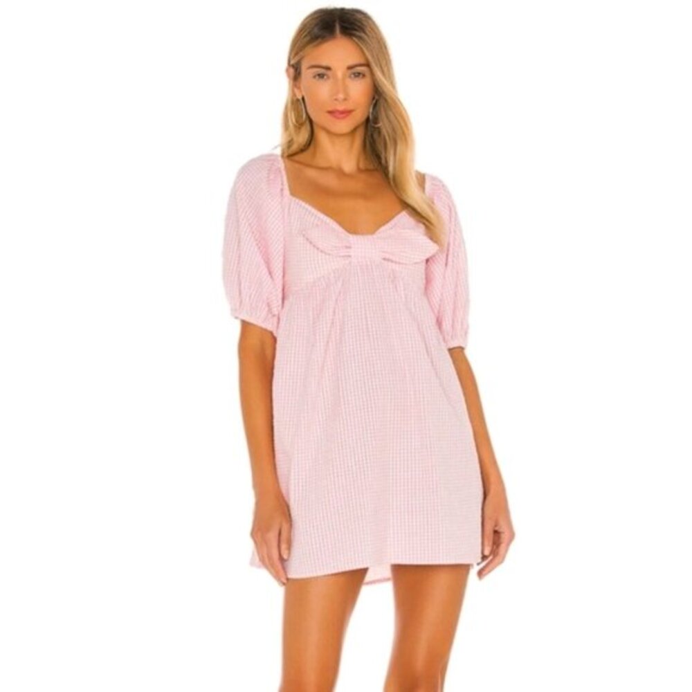 Cleobella Lucca Babydoll Mini Dress Size XS Sunset Pink Puff Sleeves Seersucker‎